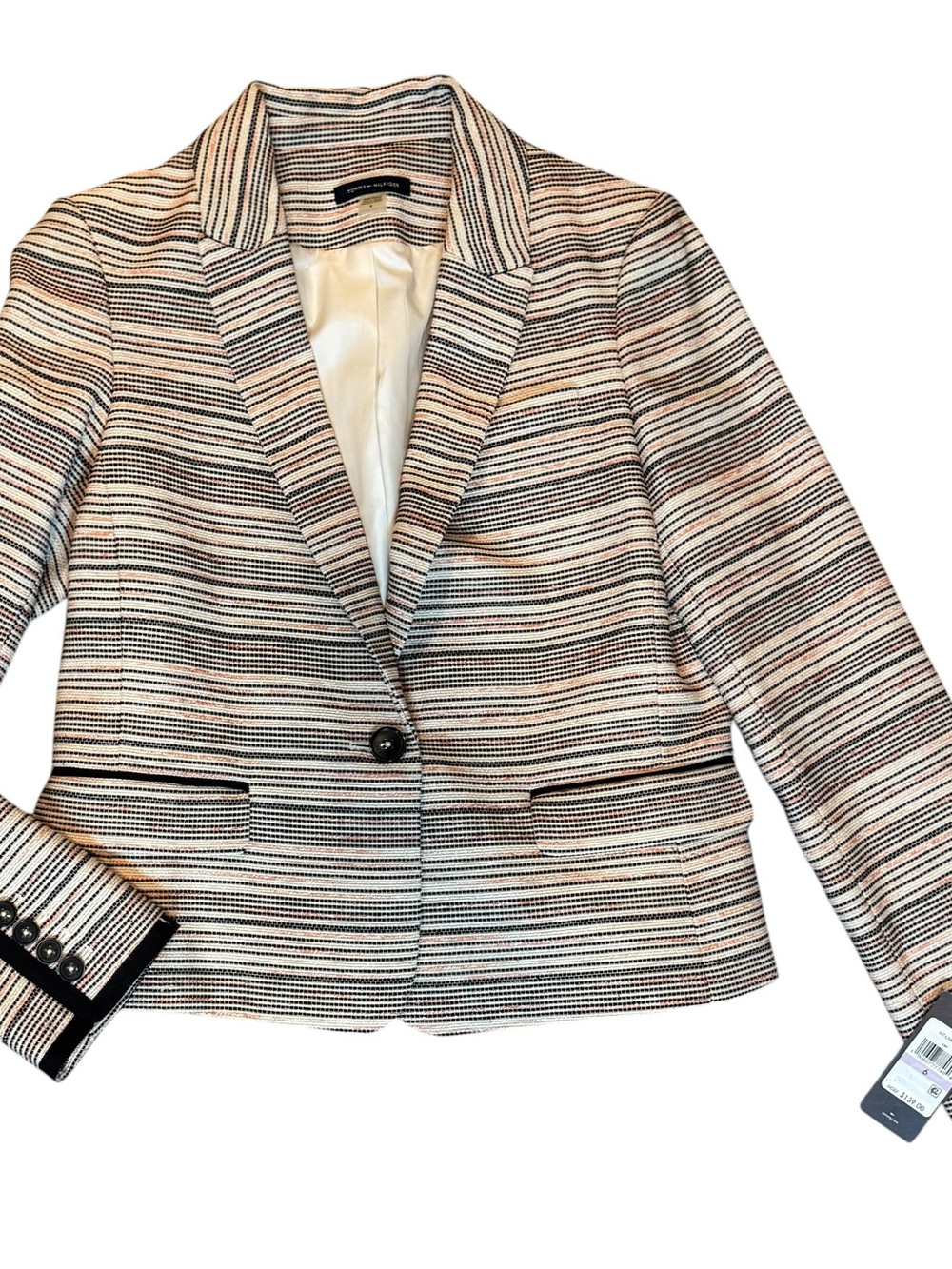 Tommy Hilfiger Cream, Black & Tan Striped Single-Button Blazer